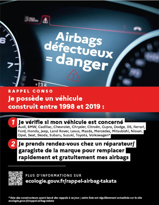 rappel airbag defectueux Takata